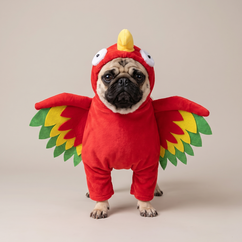Pug wearing a red parrot walking costume with colourful wings