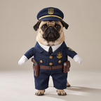 Pug wearing a navy police officer walking costume