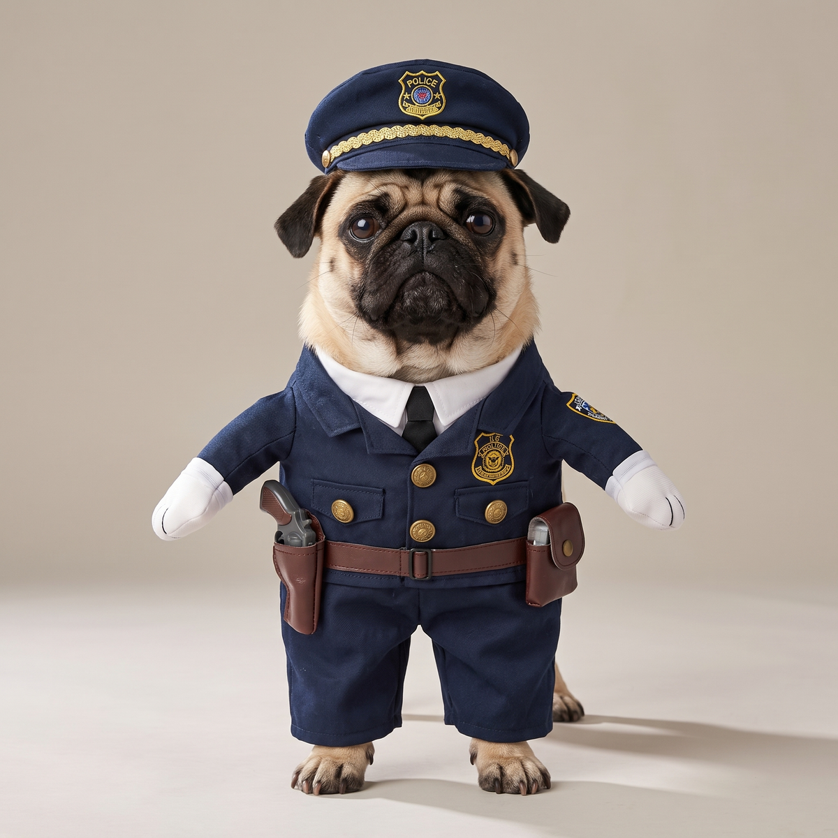 Pug wearing a navy police officer walking costume