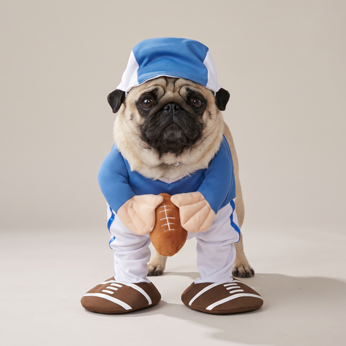 Pug wearing an American football walking costume