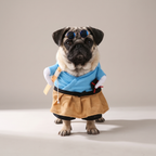 Pug wearing a samurai walking costume with sunglasses