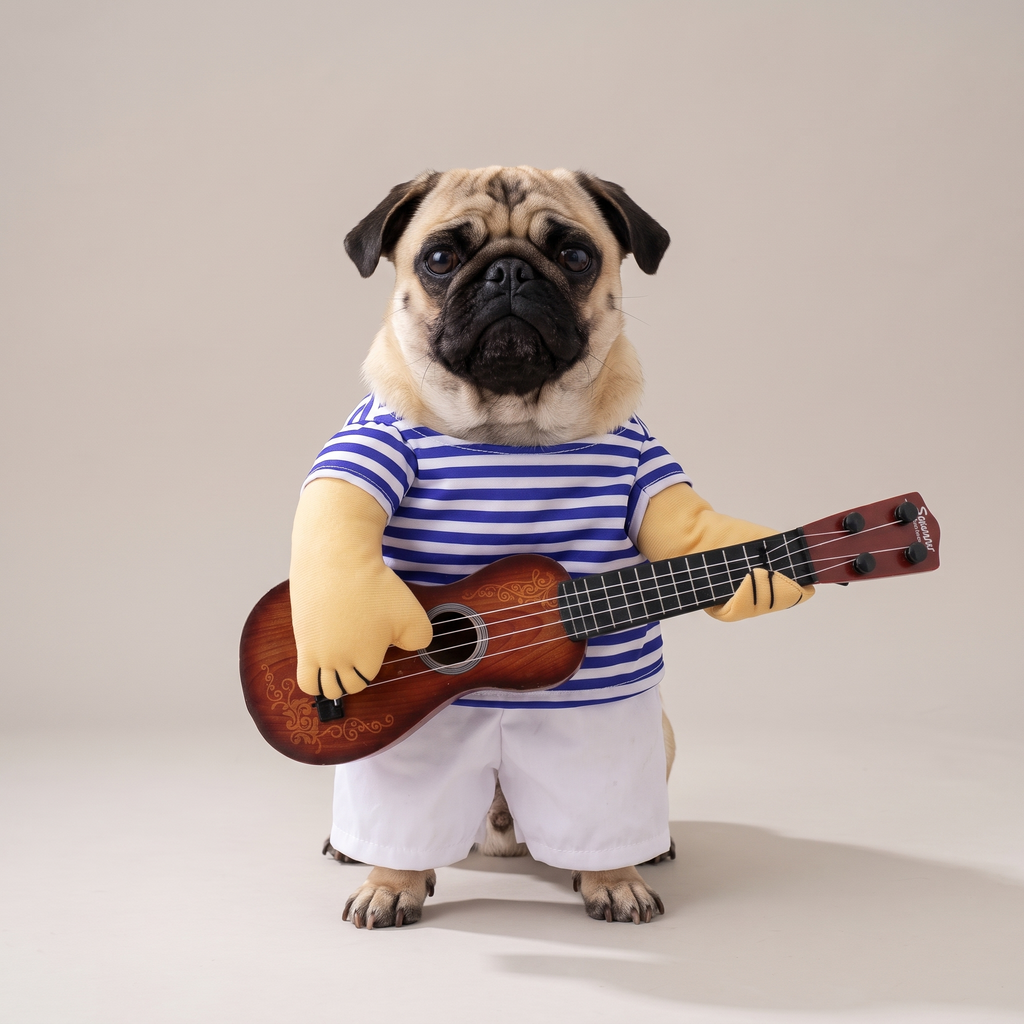 Pug wearing a striped shirt walking costume holding a toy guitar