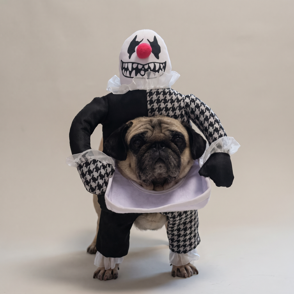 Pug wearing a creepy clown walking costume