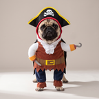 Pug wearing a pirate walking costume with hat and hook