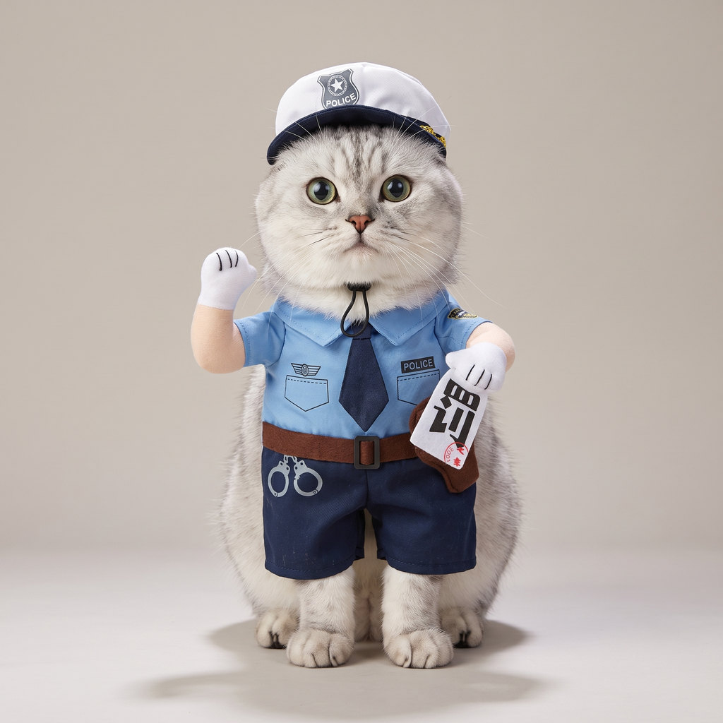 Cat wearing a light blue police officer walking costume
