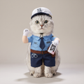 Cat wearing a light blue police officer walking costume