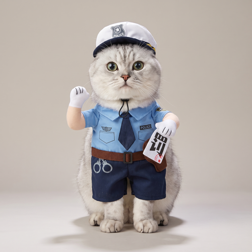Cat wearing a light blue police officer walking costume