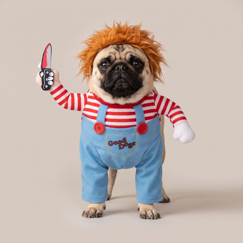 Pug wearing a creepy doll walking costume