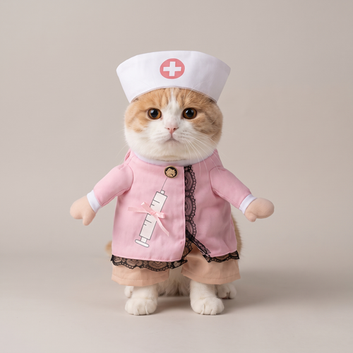 Cat wearing a pink nurse walking costume
