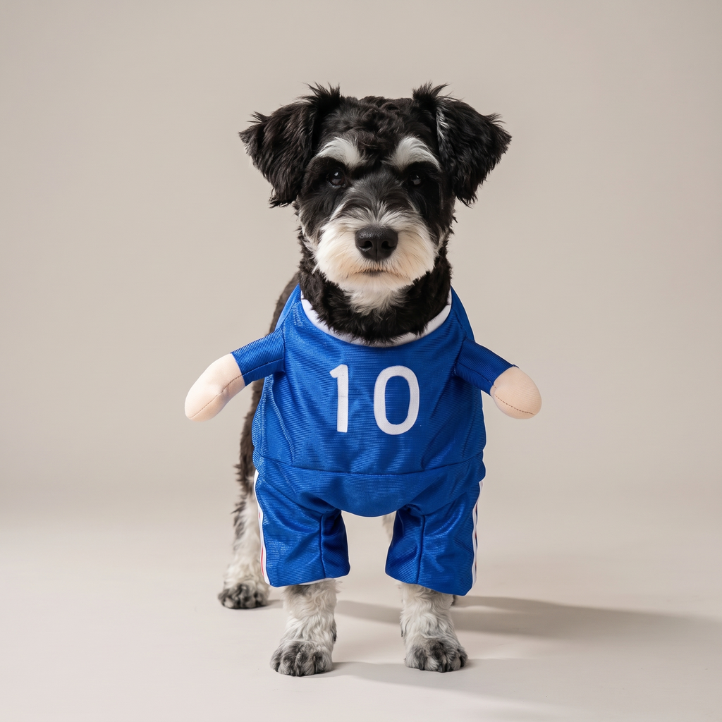 Dog wearing a blue number 10 soccer walking costume