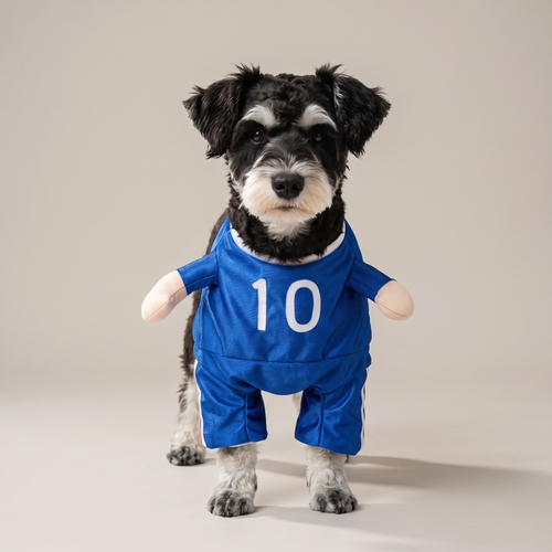 Dog wearing a blue number 10 soccer walking costume