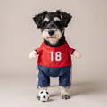 Dog wearing a red number 18 soccer walking costume