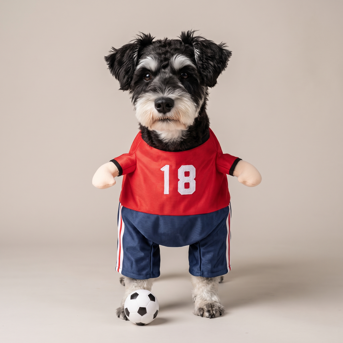 Dog wearing a red number 18 soccer walking costume