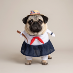 Pug wearing a sailor girl walking costume with straw hat