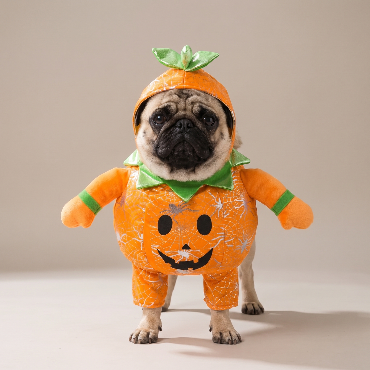 Pug wearing an orange pumpkin walking costume