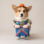 Corgi wearing a creepy doll walking costume