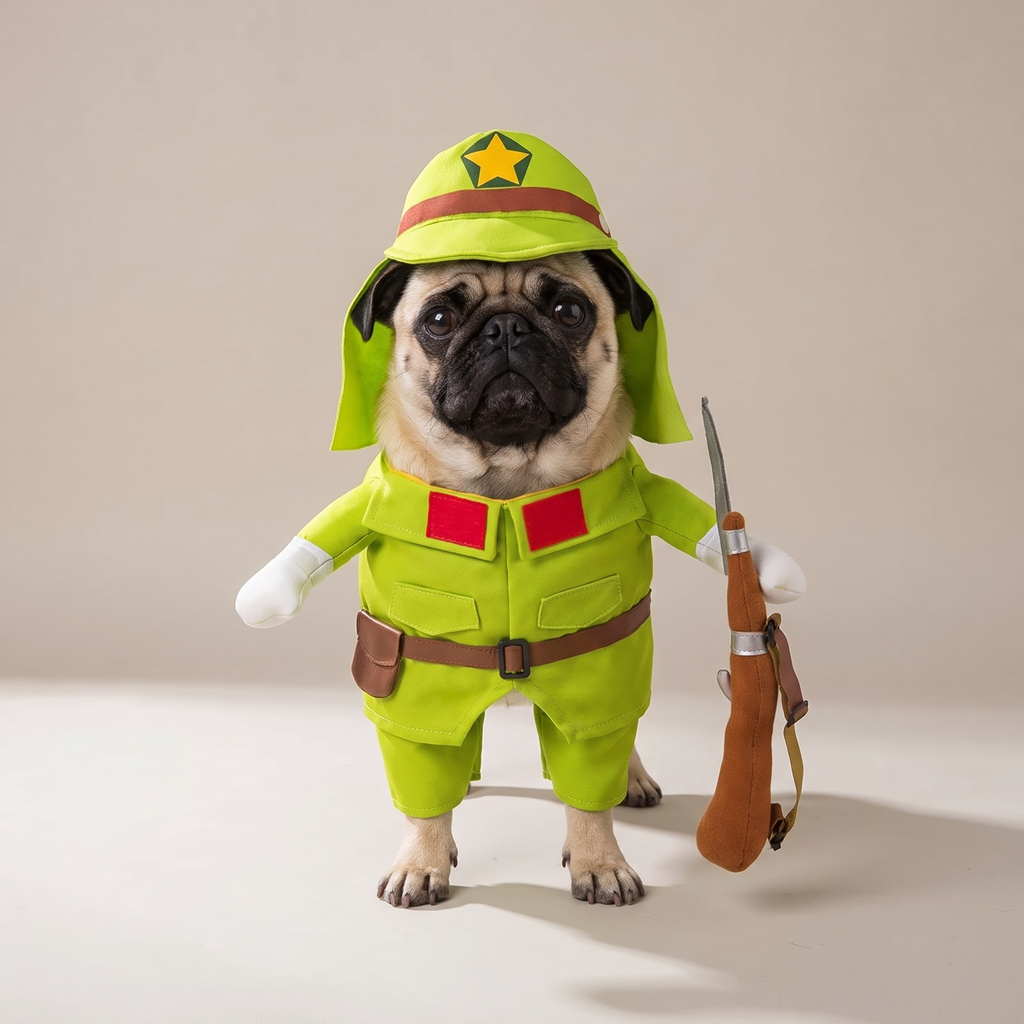 Pug wearing a green soldier walking costume
