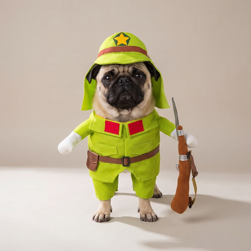 Pug wearing a green soldier walking costume