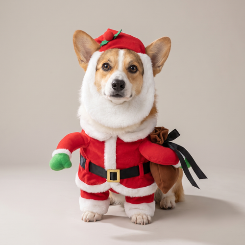 Corgi wearing a Santa walking costume with gift sack